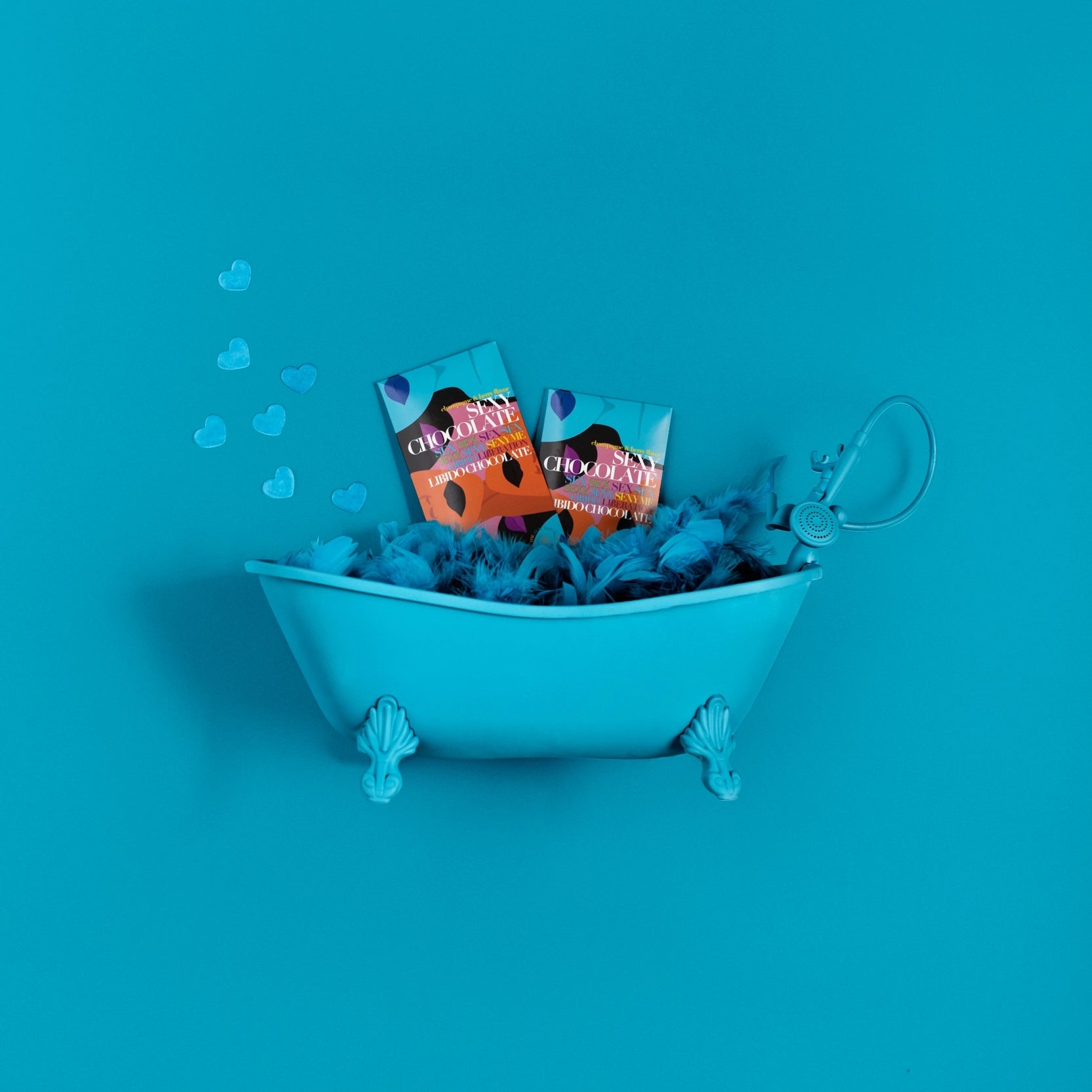 Funco chocolate in a blue bathtub